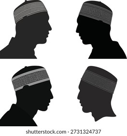 Four black silhouette profiles of men wearing kufi hats with patterned bands