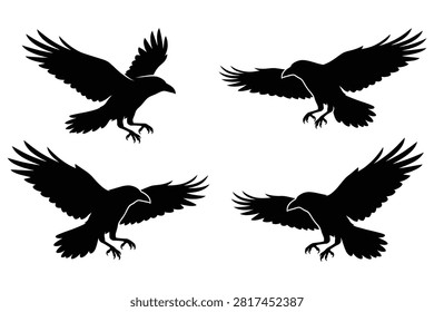 Four black silhouette ravens captured midflight against transparent background