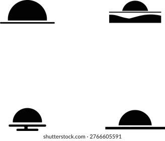 Four black silhouette of a setting sun over a horizon line sunset sunrise
