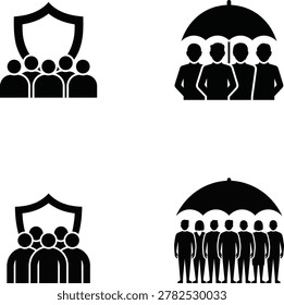 Four black silhouette showing groups of people standing under shields or umbrellas on a white background. These represent concepts of safety, security, insurance, and protection.