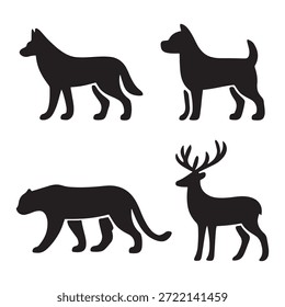 Vier schwarze Silhouetten von Tieren, darunter Wolf, Hund, Reh und Leopard, Vektorgrafik einzeln auf weißem Hintergrund.