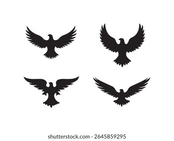Four black silhouettes of birds with their wings spread wide are displayed against a plain white background.