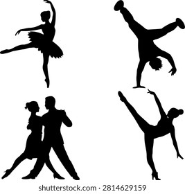 Four black silhouettes of dancers performing various ballet and ballroom dance moves on white