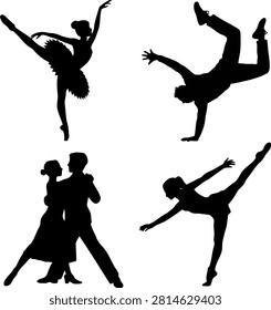 Four black silhouettes of dancers performing various ballet and ballroom dance moves on white