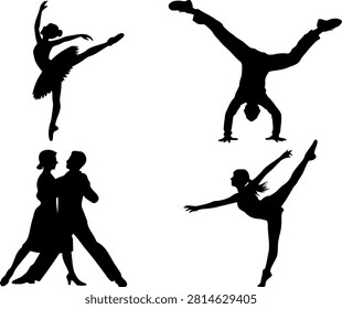 Four black silhouettes of dancers performing various ballet and ballroom dance moves on white