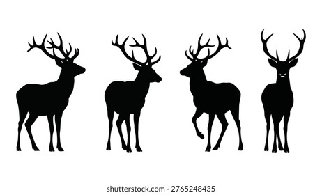 Four black silhouettes of deer, each in a different pose, display the animals’ distinct head and antler shapes.