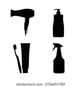 Quatro silhuetas pretas de produtos essenciais de cuidados pessoais são exibidas em um fundo branco limpo. Os itens incluem um secador de cabelo, uma garrafa de bomba, uma escova de dentes com pasta de dente e um frasco de spray.
