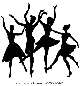 Four black silhouettes of female dancers in various ballet and modern dance poses against a white background. Their arms are extended and their bodies are in dynamic motion.