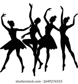 Four black silhouettes of female dancers in ballet poses against a white background. Their arms are raised and their bodies are in graceful motion, showcasing the art of dance.