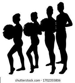Four black silhouettes of girls of the cheerleaders on a white background. Sport, cheerleading, performance, pompon, training, achievement, zeal.