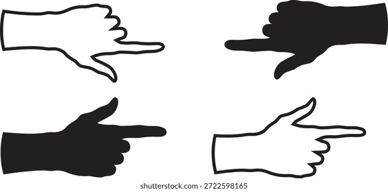 Cuatro siluetas negras de manos haciendo gestos sobre un fondo beige, dos pulgares hacia abajo y dos apuntando