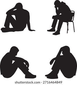 Quatro Silhuetas Pretas De Homens Em Várias Poses Tristes E Deprimidas Sobre Fundo Branco