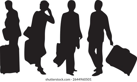 Four black silhouettes of people, possibly travelers, carrying luggage and walking. One person appears to be on a phone.