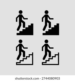 Four black silhouettes of people walking up white stairs