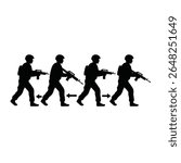 Four black silhouettes of soldiers with rifles demonstrate tactical spacing movement against a white background The image is a vector illustration with a simple style.