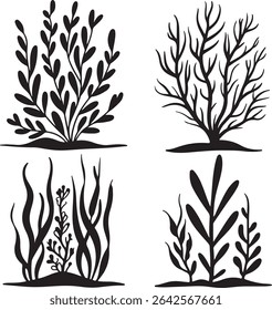 Quatro silhuetas pretas de plantas aquáticas estilizadas sobre um fundo branco. As ilustrações apresentam formas variadas de algas e algas com linhas simples e em negrito.