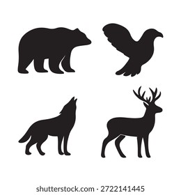 Four black silhouettes vector illustration of bear, wolf, deer and bird icon set collection isolated on a white background
