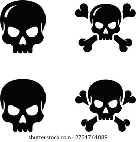 Cuatro cráneo negro y ballestones y cráneo sobre un fondo blanco veneno de peligro de muerte