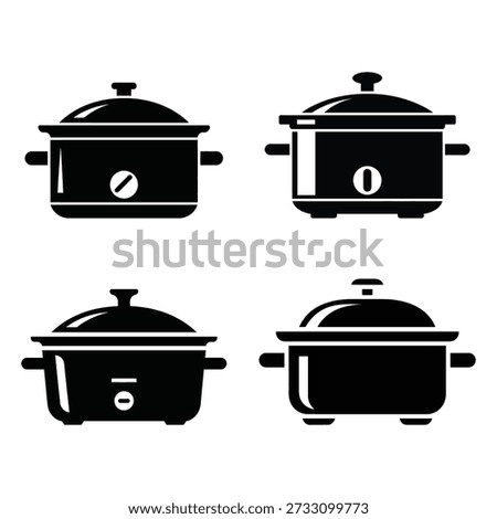 Four black slow cookers with different symbols on front