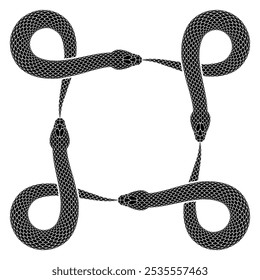 Cuatro serpientes negras muerden colas en forma de signo de nudo arqueado o símbolo de la tecla de comando. Ilustración de símbolo cuadrado de ouroboros. Diseño del tatuaje de la serpiente del Vector aislado en el fondo blanco.