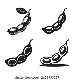 Quatro vagens de soja preta com folhas e sombras em um fundo branco.