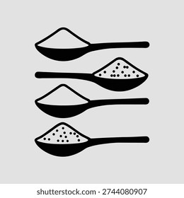 Four black spoons filled with white powder and granules