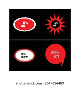 Four black squares showcase red and white sale icons, with 5% and 20% off discounts, on a white background.