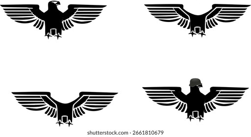 Four black stylized german eagle emblems on a white background, one wearing a military helmet