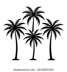 Four Black Stylized Palm Tree Icons Minimalist Tropical Plants Simple Silhouette Graphic Set White Background