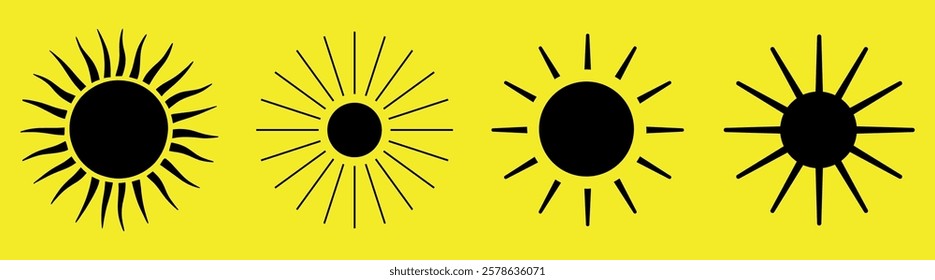 Four black sun icons on a yellow background. Sun designs vary in style. Sun symbols in a row. Bright sun illustrations stand out on yellow. Weather icons, isolated vector element set.