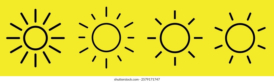 Four black sun icons on a bright yellow background. Sun icons are evenly spaced. Simple sun icons with rays on yellow. Sun symbols on yellow. Weather icons, isolated vector element set.