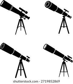 Quatro telescópios pretos em tripés em diferentes orientações observação astronômica