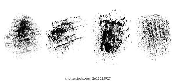 Four black textured abstract vector circle spots with uneven smeared edges. Hand-drawn paint brush strokes of rough chaotic shape on white isolated background.