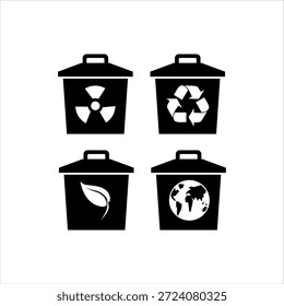 Cuatro botes de basura negros con diferentes símbolos de reciclaje: radiación, reciclaje, hojas y Tierra.