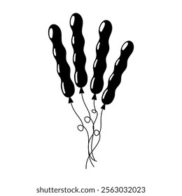 Four black twisted balloons floating in the air against a white background