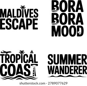 Four black typography badges with summer themes including palm trees and waves isolated on a white background, for apparel and, t-shirt printing