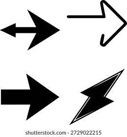 Four black vector arrow icons depicting different styles for direction, forward movement, and speed representation.