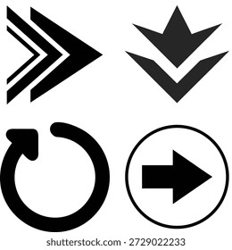 Four black vector arrow icons, including chevron styles, a circular refresh symbol, and a right-facing arrow in a circle.