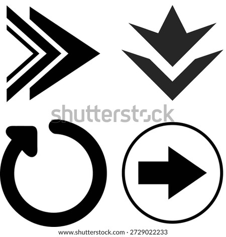Four black vector arrow icons, including chevron styles, a circular refresh symbol, and a right-facing arrow in a circle.