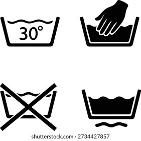 Four black vector art laundry care symbols on white background showing temperature and hand wash instructions