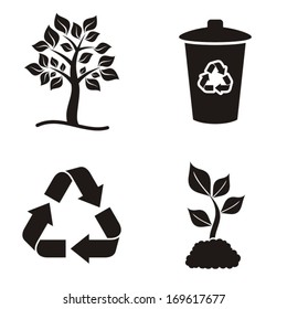 Four black vector silhouette eco and recycle icons