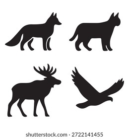 Cuatro siluetas negras del Vector de animales, incluyendo zorros, gato, ciervo y vida silvestre del águila, aislados en un fondo blanco.