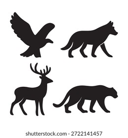 Vier schwarze Vektorsilhouetten von Tieren, darunter ein Vogel, Wolf, Reh und ein großer Panther, einzeln auf weißem Hintergrund