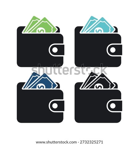 Four black wallets filled with colorful money banknotes in green blue and white stacked neatly inside