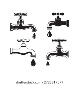 Cuatro grifos de agua negros con gotas de agua goteando grifo de plomería