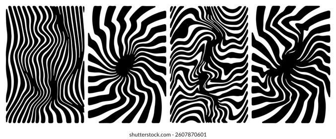 Four black and white abstract designs with wavy and swirling lines. Each image features dynamic patterns creating strong optical illusions, ideal for modern art and decoration purposes.