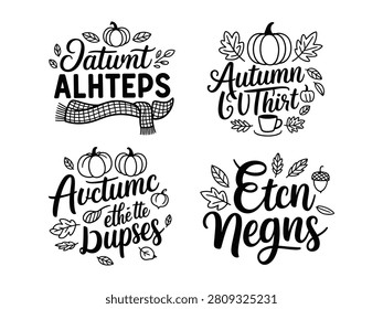 Four black and white artistic illustrations with autumn themes including pumpkins leaves a scarf and a coffee cup