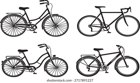 Quatro preto e branco bicicleta em diferentes estilos contorno de bicicleta