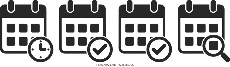 Cuatro calendarios en blanco y negro con diferentes símbolos