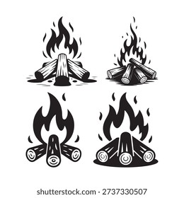 Four black and white of campfires with logs and flames wood burning